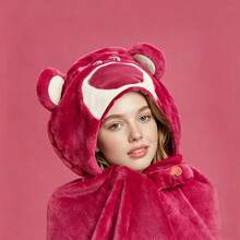 Miniso 系列卡通草莓熊毛絨睡衣套裝，可愛連帽居家服，春秋空調毯披肩，加厚保暖午睡毯禮物 - 玫瑰紅 - 查看 5