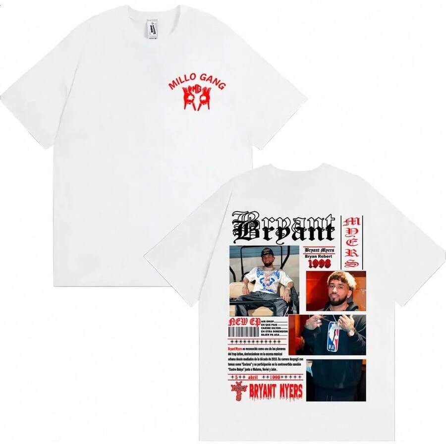 Rapper Bryant Myers Album 2025 Tour Cover T-Shirts für Herren Harajuku Gothic Streetwear T-Shirt Herren 100% Baumwolle Oversized T-Shirt - Weiss - Übersicht 1