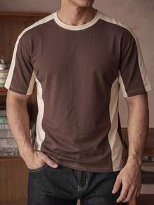 Summer New Men's Brown & Apricot Color Block Short Sleeve T-Shirt, Casual Versatile All-Match Round Neck Contrast Color Retro Top - Brown - View 4