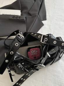 Fashion Women's Bag Studded Motorcycle Bag New Crescent Bag Street Style Versatile Shoulder Bag Underarm Bag - Black - View 3