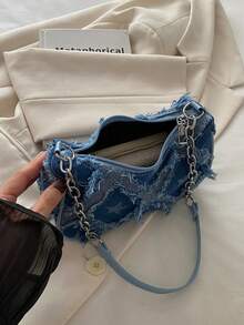 1pc Girls' Shoulder Bag With Decorative Buckle Detail, Stitching And Chain Strap, Street Fashion Bohemian Style - Blue - View 6