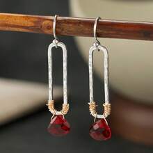 Women's Vintage Dual-Tone Pendant Earrings With Red Synthetic Cubic Zirconia Decoration, Suitable For Daily Commute And Date - Silver - View 3