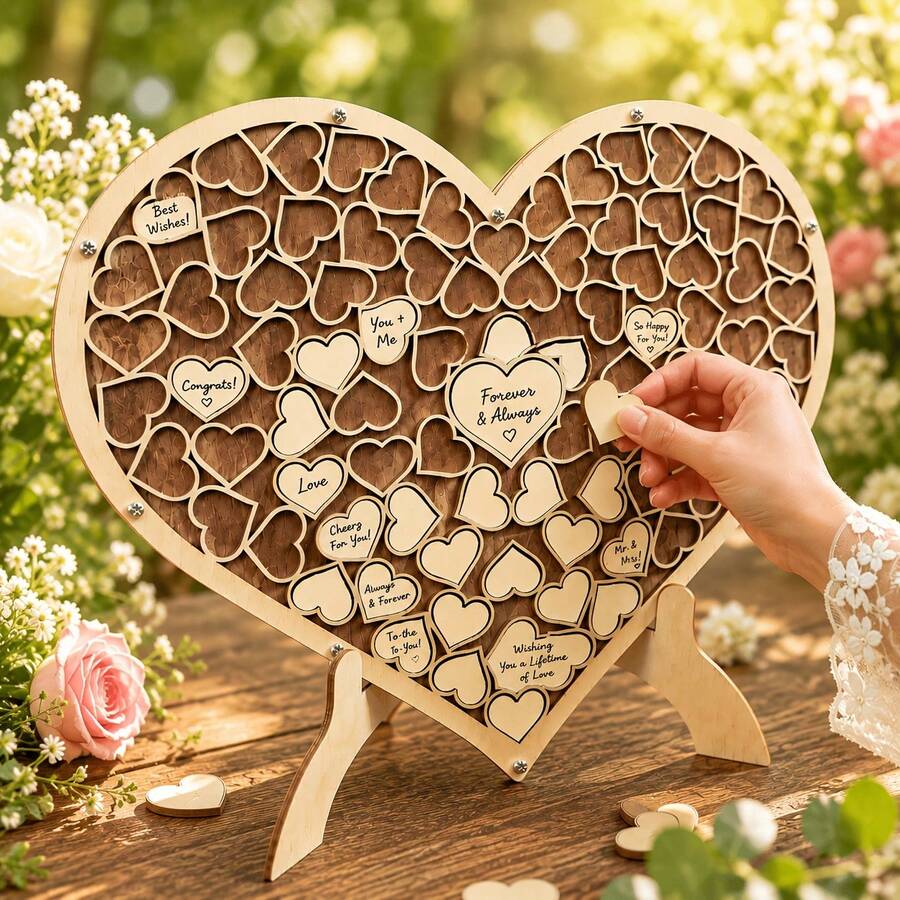 Wedding Message Book 83 Wooden Heart Wedding Decoration Party Birthday Decoration Bride Wedding Gift - RED - View 1