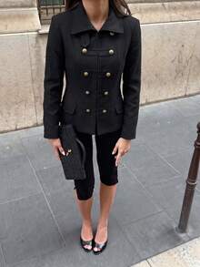 Napoleon Inspired Stand Collar Blazer, Black Slim Fit Jacket With Gold Decorative Buttons - Black - View 5