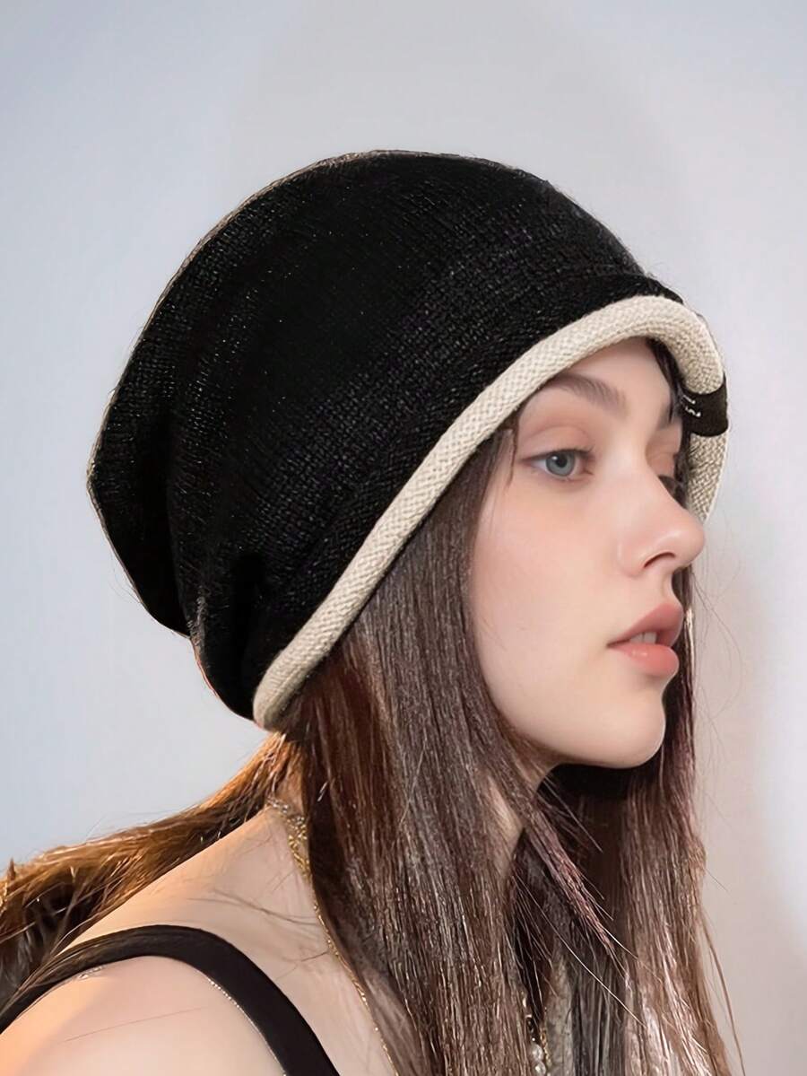 1pc Autumn/Winter Slouchy Beanie, Double Rolled Edge Knitted Hat, Stylish Pullover Cap, Early Autumn Fashion Versatile Face-Slimming Knit Hat - Multicolor - View 1