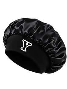 Silky Black Customized Initial Satin Sleep Cap, Elastic Wide Brim Hair Protection Cap, Soft Smooth Night Cap, Reduces Curly Hair Breakage - Black Letters - View 37