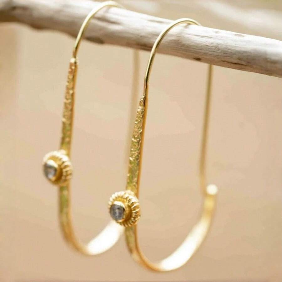 Bohemian Style Gold Dangle Hoop Earrings, Embellished With Sparkling Synthetic Zirconia, Luxurious Jewelry For Bridal, Wedding, Daily, Party Wear, Ideal Gift For Wedding, Birthday, Holiday - Gold - View 1
