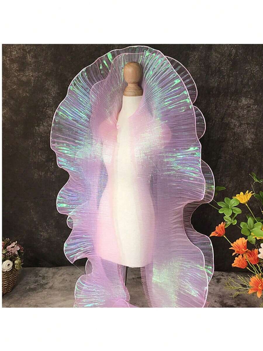 2 Buah Kain Organza Renda Besar Berlipit Gradien Warna-warni Motif Putri Duyung Sepanjang 2 Yard, Bahan Dekoratif - Merah Jambu - View 1