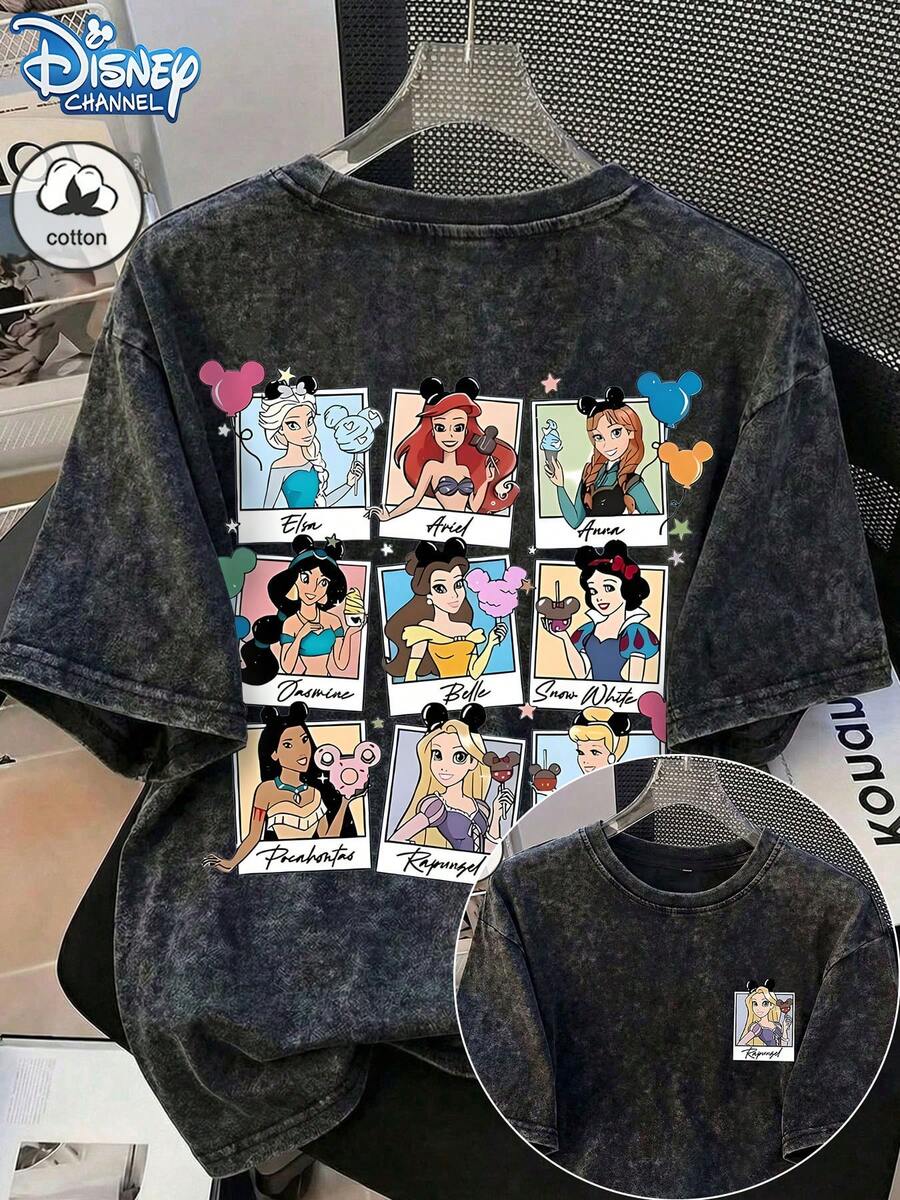 Start Cotton Summer Women's "Disney Princess" Pattern Printed Street Outing Commuting Y2K Style Black Round Neck Short Sleeve Washed T-Shirt Top - Black - View 1