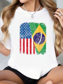 100% Cotton Women Christmas T-Shirt Half Brazilian Half American USA Brazil Culture Flag T-Shirt Print T-Shirt  Comfort Tee Top For Spring & Summer - 紅色 - 查看 1