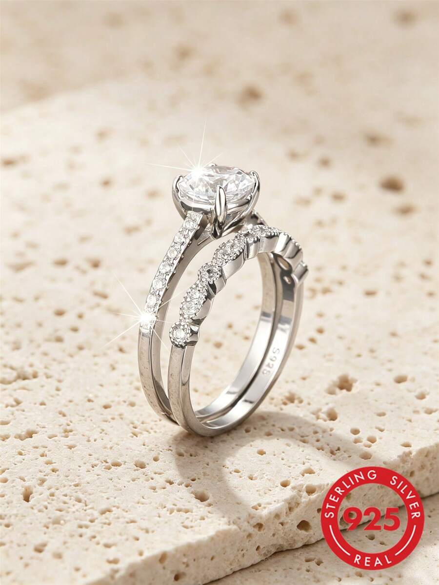 1pair Classic 925 Sterling Silver White Cubic Zirconia Patterned Wedding Ring Set For Women, Engagement, Anniversary & Bridal Gift - Silver - View 1