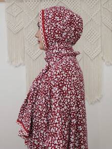 Wine Red Dainty Ditsy Floral Loose Fit Headscarf One-Piece Long Robe Lace Trim Muslin Women's Prayer Robe - Multicolor - View 8