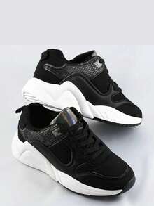 Sports Shoes, Lace-Up, Mesh + Imitation Leather, Snake Skin Imitations. - Black - View 3