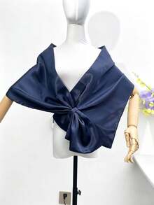 Glossy Satin Bow Knot Front Wrap Shawl Cape, Elegant Deep V Neck Off Shoulder Cover Up For Evening Party Wedding - Navy Blue - View 8