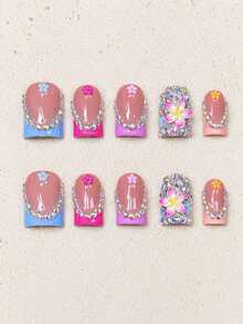 10PCS Handmade Press On Nails Summer Y2K Nail Kit, Short Square Press On Nails Acrylic Fake Nails, Colorful French Tip Rhinestone 3D Flower Nail Art, Bling Tropical Nails Press On For Beach Vacation Party - Multicolor - View 2
