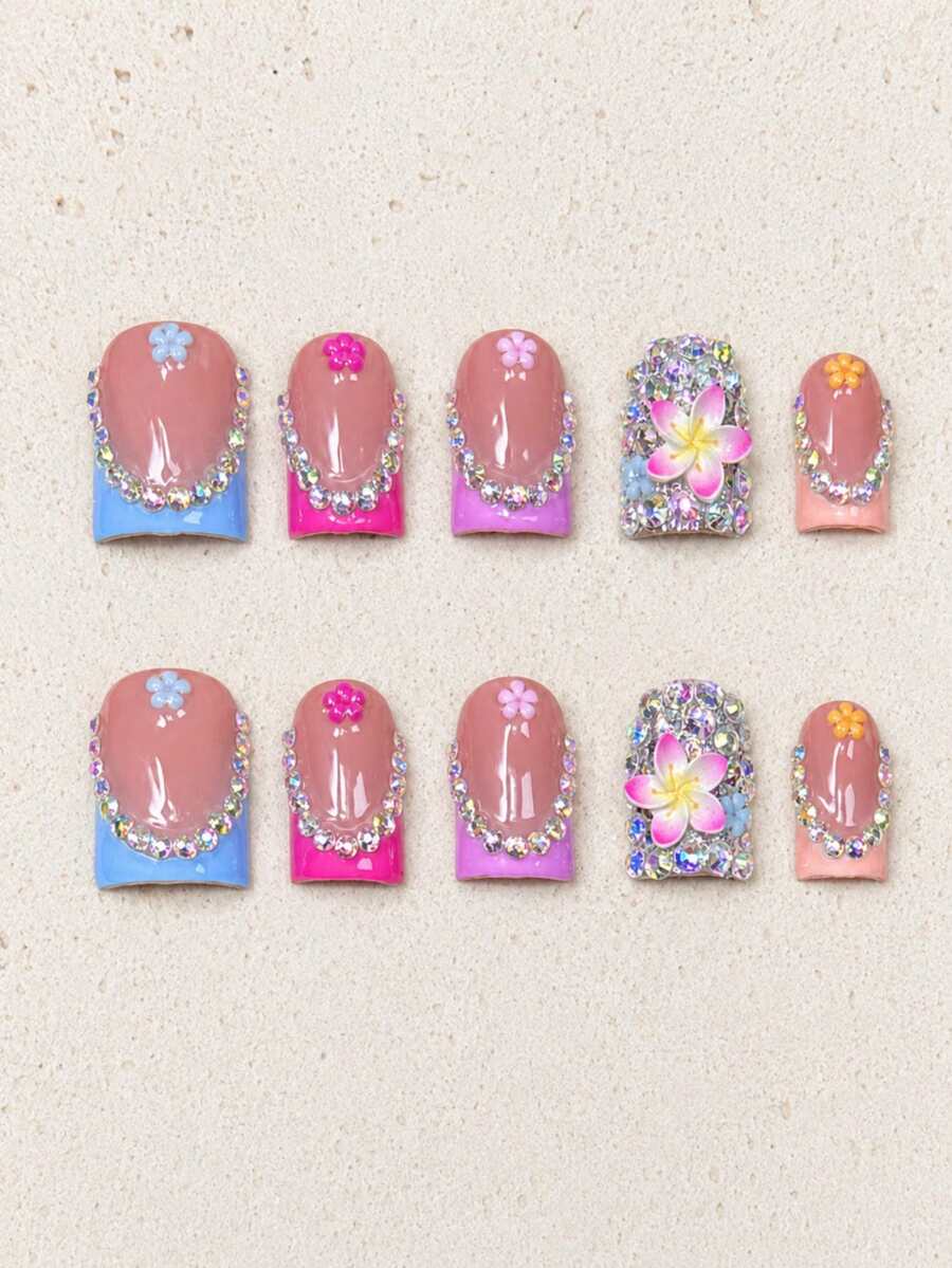 10PCS Handmade Press On Nails Summer Y2K Nail Kit, Short Square Press On Nails Acrylic Fake Nails, Colorful French Tip Rhinestone 3D Flower Nail Art, Bling Tropical Nails Press On For Beach Vacation Party