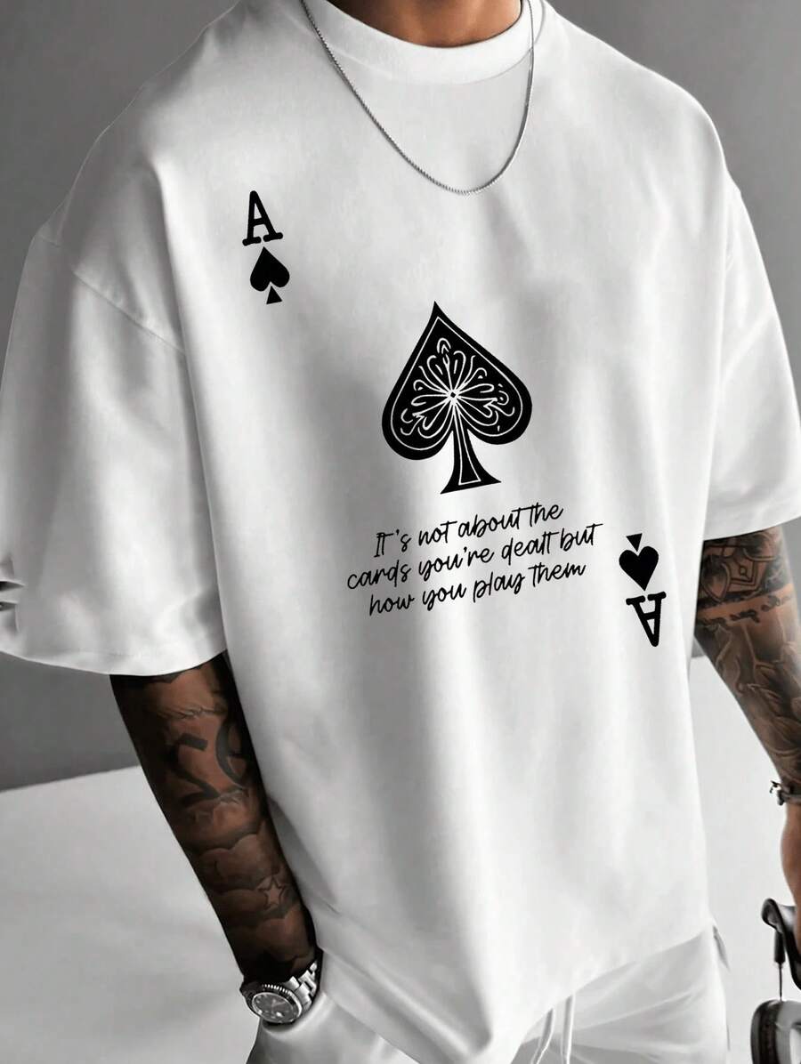 Conjunto de camiseta de manga corta estampada para hombre, camiseta de manga corta con eslogan, ropa para hombre, diseño de letras personalizado, cami - Negro - Ver 1