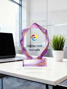 1pc Customized Acrylic Trophy, Elegant Geometric Aurora & Marble Design, High-Definition Full-Color Printed Logo & Text, Suitable For Corporate Awards, Employee Recognition, Office Display & Inspirational Desk Decor, Premium Gift For Executives, Managers And HR Teams - Multicolor - View 2