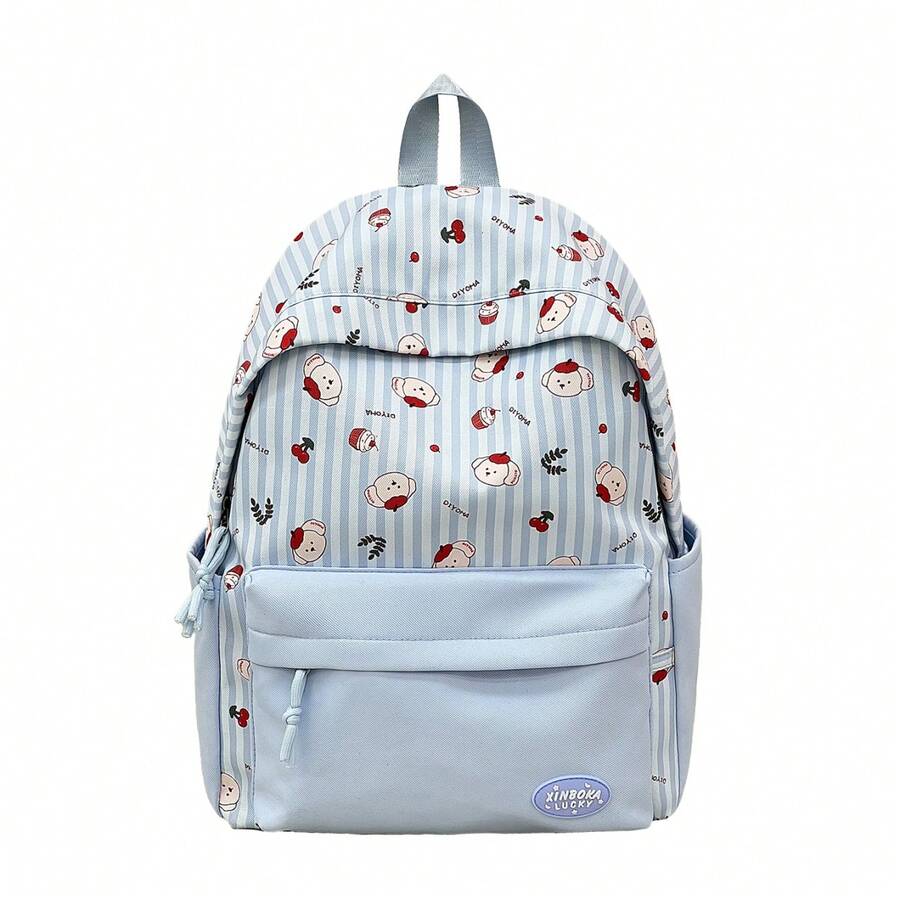 LECEY Striped Cartoon Print Large Capacity Backpack - Blue - View 1