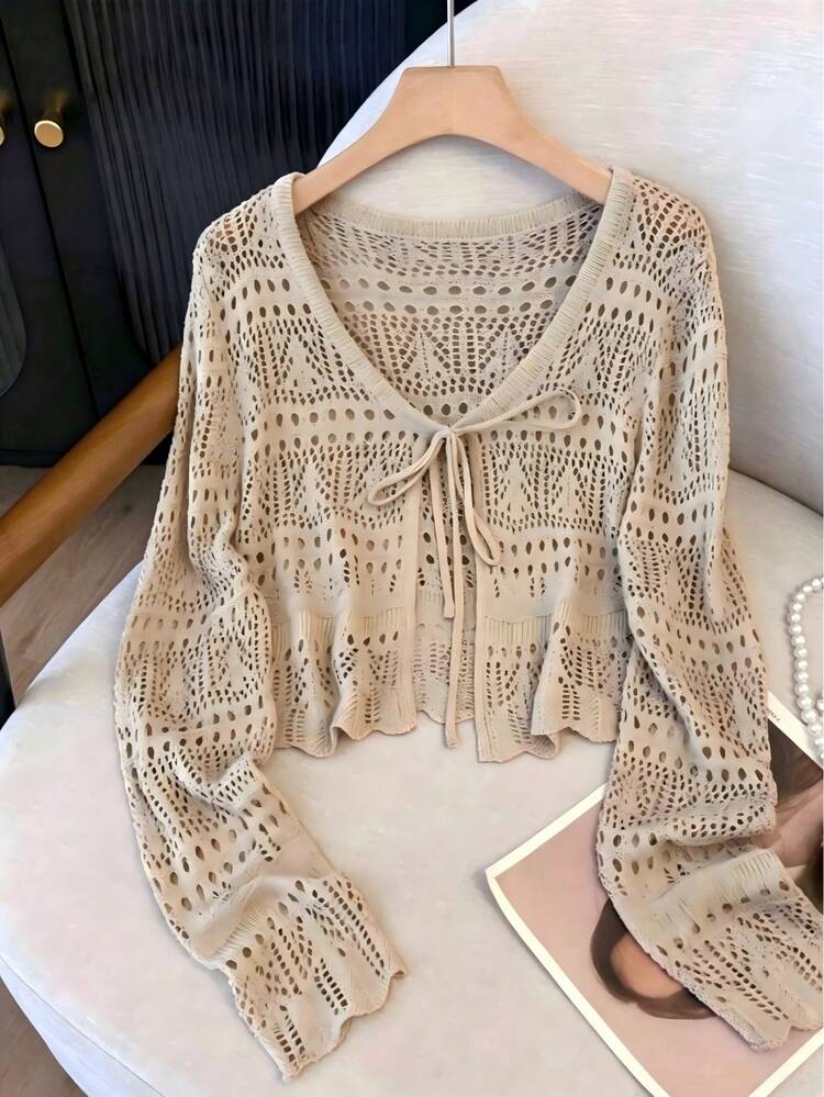 2026 New Sweet Style Sunscreen Cardigan, Hollow Crochet V-Neck With Ties, Short Long-Sleeve Top - Khaki - View 15