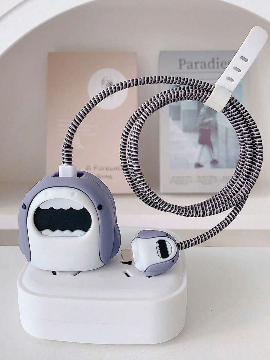 5/4pcs Gray Cartoon Cute Shark Design Protective Case Set, Compatible With Apple 18/20W Charger And Cable, Includes Charger Head Protector, Cable Protector, Cable Management, Anti-Scratch, Anti-Collision, Anti-Dirt - Grey - View 1