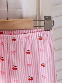 2pcs/Set Setelan Anak Perempuan Manis dan Imut dengan Atasan Camisole Berhiaskan Pita dan Renda, Celana Bergaris Pink Putih, Musim Panas - MultiWarna - View 7