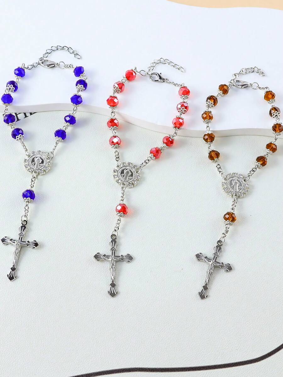 GO2CJBEADS 1pc Faceted Glass Bead Cross Rosary Ornament Dual Use Catholic Prayer Bracelet Car Rearview Mirror Hanging Gift - Z0745 - View 1