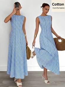 Summer Blue And White Checkered Sleeveless Dress,Cottage Core Elegant Long A-Line Skirt,Casual Vacation Beach Holiday Dresses For Women - Blue - View 1