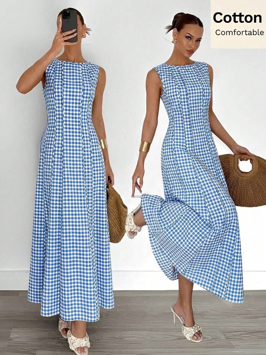 Summer Blue And White Checkered Sleeveless Dress,Cottage Core Elegant Long A-Line Skirt,Casual Vacation Beach Holiday Dresses For Women - Blue - View 1