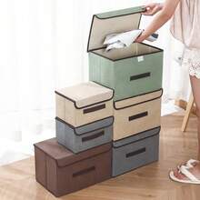 1pc Washable Linen Foldable CD Storage Box, Foldable Storage Bin With Lid, Toy Storage Basket, Laundry Basket,Bedroom Room Decor,Back To School - Khaki - View 9