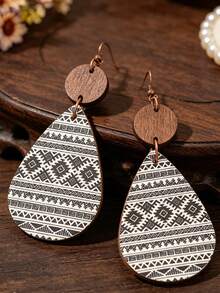 1 Pair Vintage Bohemian Style Teardrop Printed Pattern Patchwork Round Wooden Disc Fashion Earrings - Black and White - View 2