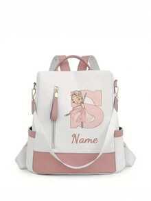 Personalized Custom Name A-Z 26 English Letters Premium Backpack, Fashion Anti-Theft Versatile Large Capacity Travel School Bag, Exquisite Cute Pink Ballet Girl Pattern Fashion Contrast Color Design Lightweight Large Capacity, Perfect For Daily Outings, Work Commute, School - White and Pink - View 30