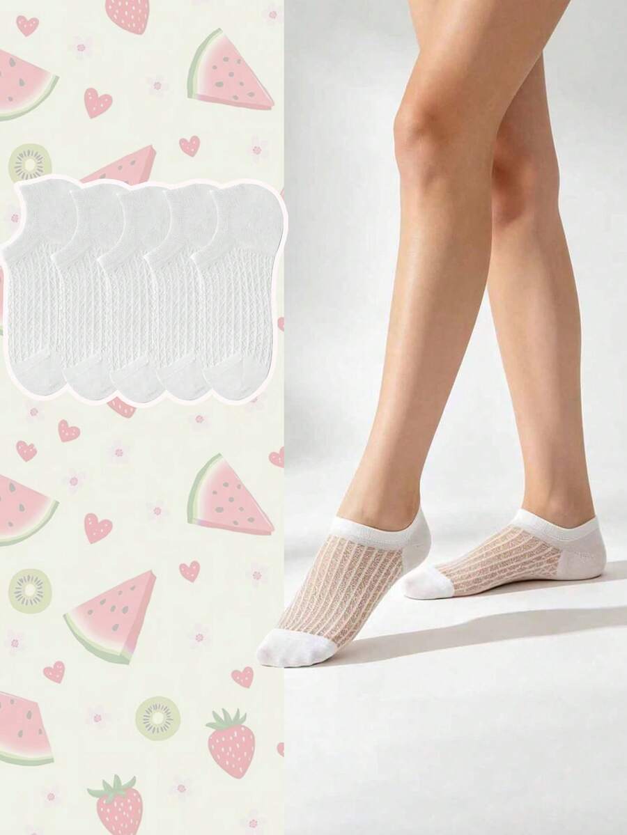5双装女士白色、黑色、多色薄款隐形袜,夏季白色网眼隐形袜,时尚百搭 - 彩色 - 查看 1