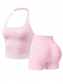 Mono Y2K Rosa con Cuello Halter Acanalado - Conjunto de Fitness Ajustado con Ribete Contrastante - Rosa - Ver 1