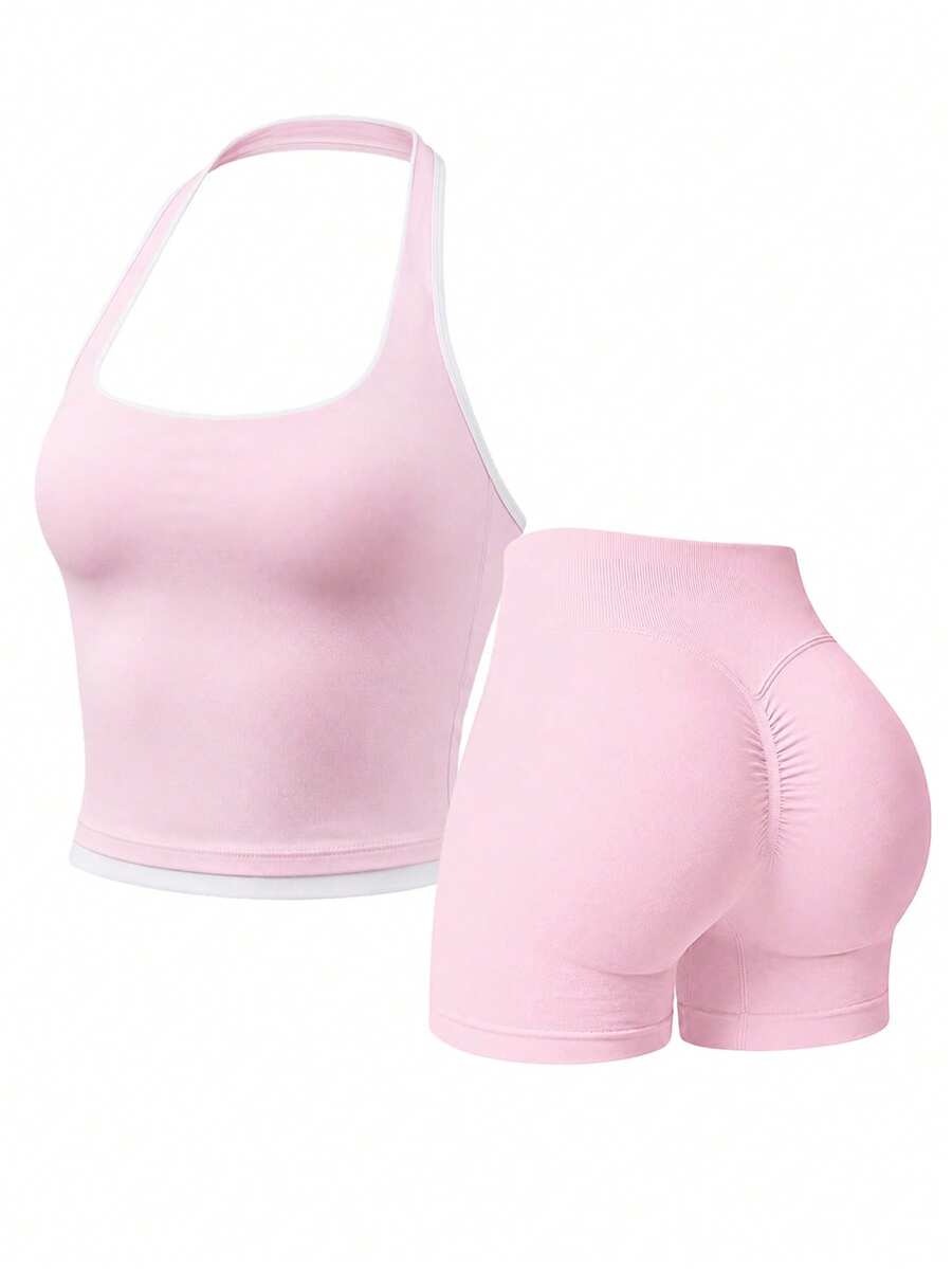 Mono Y2K Rosa con Cuello Halter Acanalado - Conjunto de Fitness Ajustado con Ribete Contrastante - Rosa - Ver 1