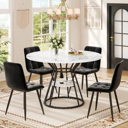 Table Set (5-Piece), Round Dining Table, Dining Table 100 X 100 X 76 Cm (Incl. 4 Chairs), Round Coffee Table For 4 People - 黑色 - 查看 1