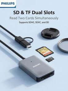 PHILIPS 多功能 SD 記憶卡讀卡機，USB 3.2 高速傳輸，相容於智慧型手機、平板電腦與電腦，雙卡槽設計，可快速傳輸攝影素材與辦公文件 - 查看 4