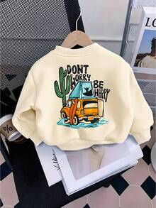 Baby Boy Casual Loose Comfortable Daily Long Sleeve Sweatshirt, Off-Road Vehicle Print, Suitable For Autumn/Winter Wear - Apricot - View 3