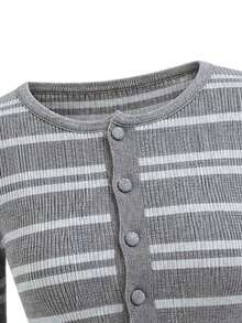Autumn/Winter 2 In 1 Colorblock Striped Button Design Slim Fit Flattering Sweater - Grey Stripes - View 8