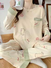 2pcs/Set Women's Pajamas Homewear Set, Round Neck Pullover Simple Casual Cute Rabbit Print Long Sleeve Long Pants, All Season Wear, Easy Care Fabric - Apricot - View 2