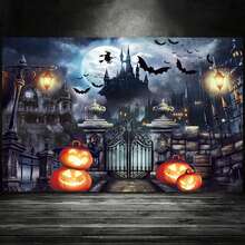 1pc Halloween Photography Backdrop, Scary Moon, Pumpkin, Lantern, Castle, Door, Bat, Perfect For Party, Haunted House, Carnival And Photography Background, Holiday Celebration, Home Decor, Indoor/Outdoor Party Decoration, Halloween Atmosphere Decoration Supplies - Multicolor - View 1