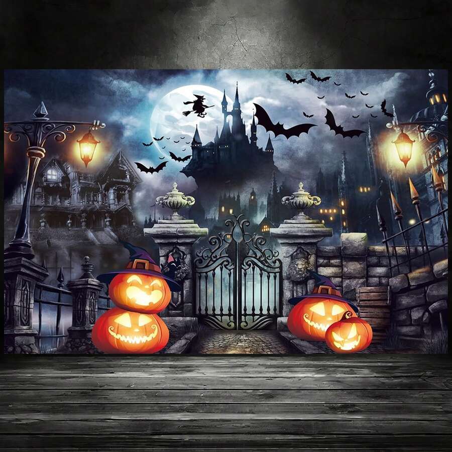1pc Halloween Photography Backdrop, Scary Moon, Pumpkin, Lantern, Castle, Door, Bat, Perfect For Party, Haunted House, Carnival And Photography Background, Holiday Celebration, Home Decor, Indoor/Outdoor Party Decoration, Halloween Atmosphere Decoration Supplies - Multicolor - View 1