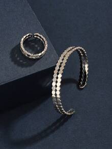 Vintage Dual-Tone Striped Bangle & Ring Set, Suitable For Women's Daily Wear - Style a Silver - View 4