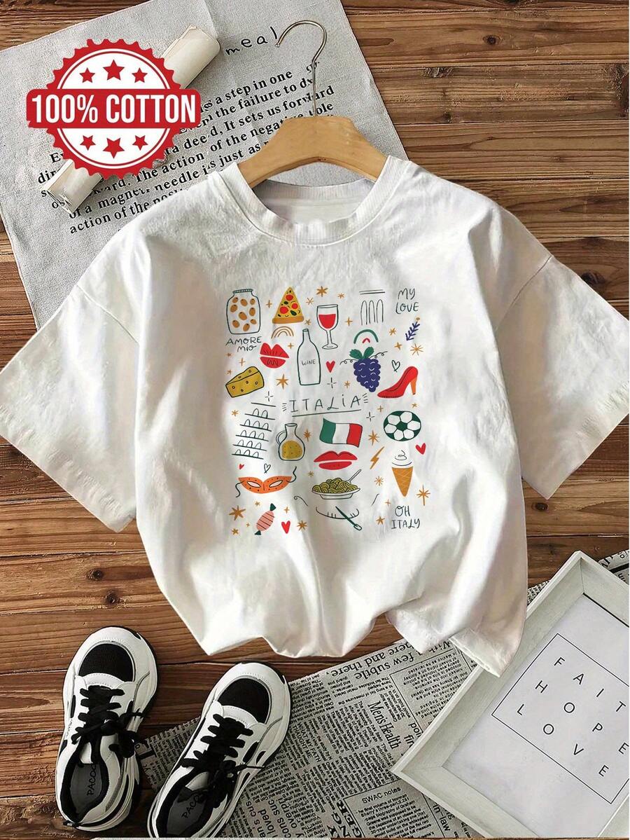 1 Stück lässiges T-Shirt aus 100 % Baumwolle, Damen-T-Shirt mit italienischem Reisemotiv (Essen & Kultur), ideal für den Urlaub - Weiss - Übersicht 1
