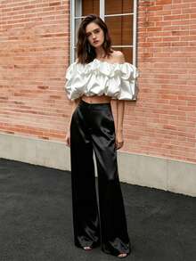 Elegant Satin Wide Leg Pants For Women, High Waist Flowy Palazzo Trousers, Casual Office Work Wear, Summer Formal Dress Pants For Party & Daily Black - Black - View 4