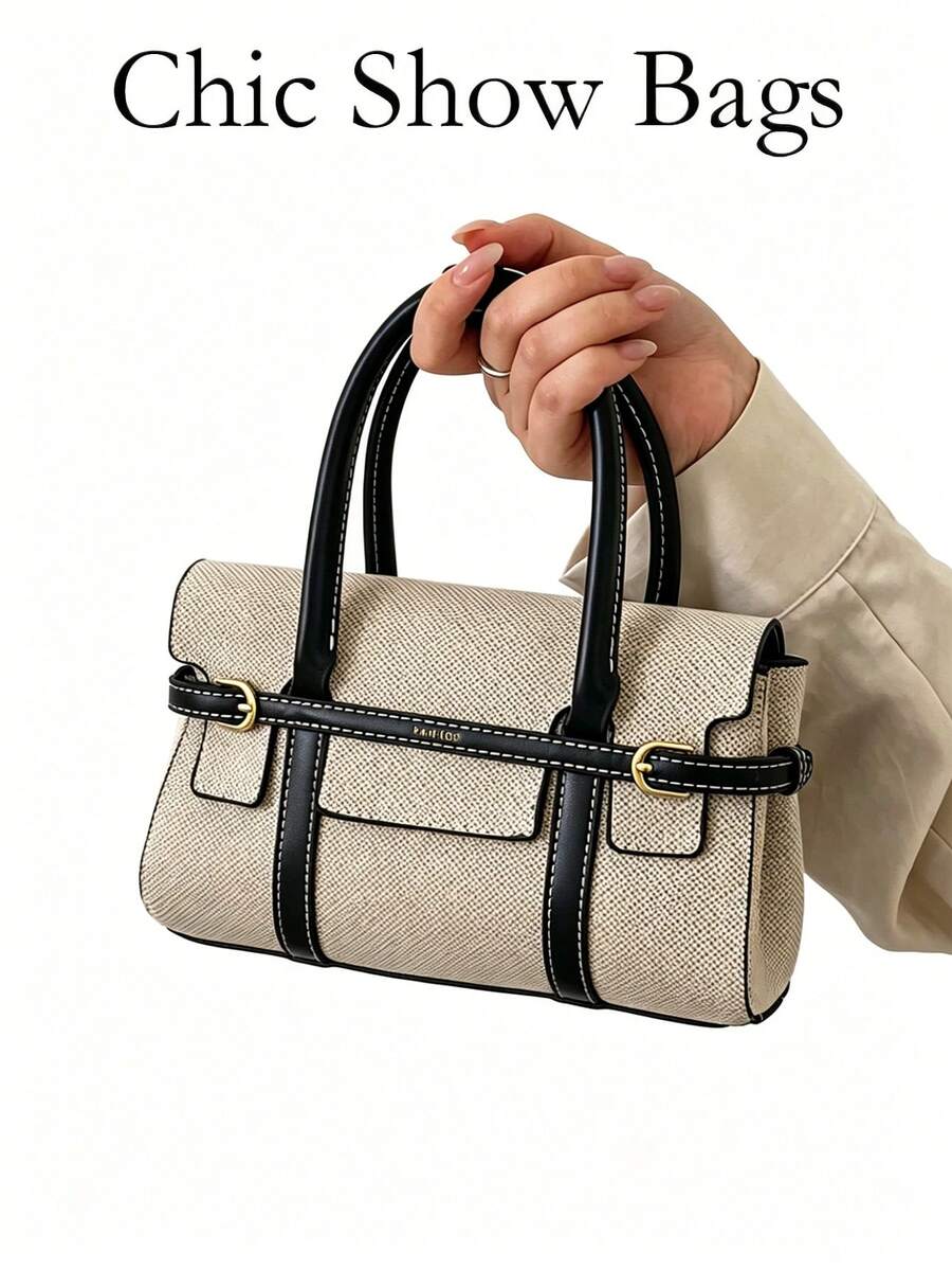 Women's Fashion Colorblock Canvas Tote Bag, Large Capacity Vintage Patchwork Commuter Handbag