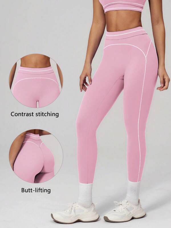 TimeOff Pantalones deportivos largos cortos de cintura alta con control de abdomen, decoración de línea blanca y bloques de color para mujer, 1 pieza