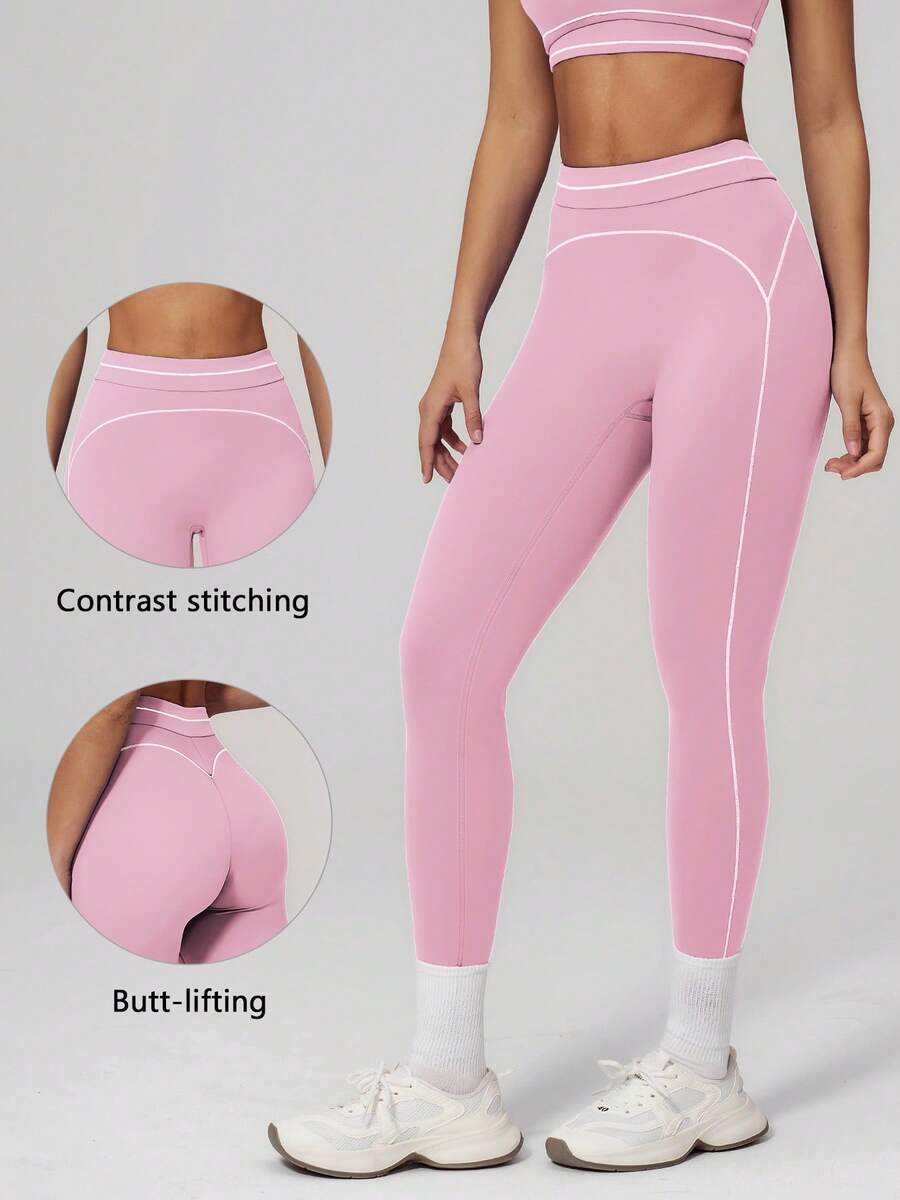 TimeOff Pantalones deportivos largos cortos de cintura alta con control de abdomen, decoración de línea blanca y bloques de color para mujer, 1 pieza - Rosa - Ver 1