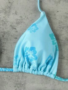 女款休閒優雅春夏海灘度假性感掛脖藍色花卉印花比基尼套裝，高彈力綁帶泳衣 - 彩色 - 查看 4