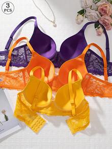 3pcs/Set Daily Wear Push-Up Underwire Bra Set, Sexy Lace Patchwork Sheer Mesh Breathable Thin Padding Comfortable Zero Pressure Skin-Friendly Smooth Versatile T-Shirt Bra For Women, Commute Office Hot-Selling Essential Lingerie - Multicolor - View 3